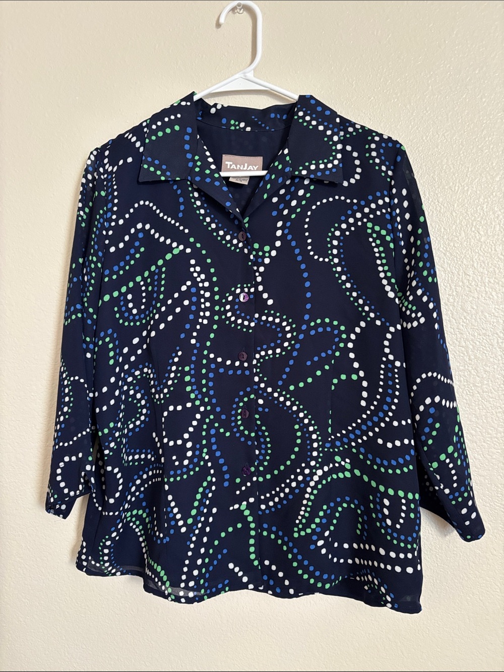 Tanjay Polka Dot Swirly Button Up Blouse Size Medium